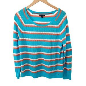 Tommy Hilfiger Turquoise‎ Blue Stripe Boatneck Open Weave Lightweight Sweater